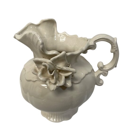 Vintage Ivory Ceramic Pitcher With Floral Accent Ornate Handle 8" x 8" Read - Picture 14 of 15
